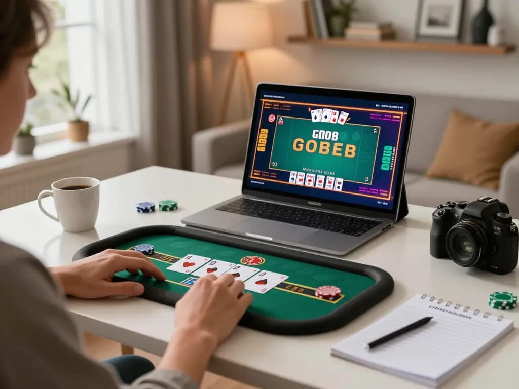 Engaging in a go8 poker game on a tablet at home, showcasing strategic online gambling.