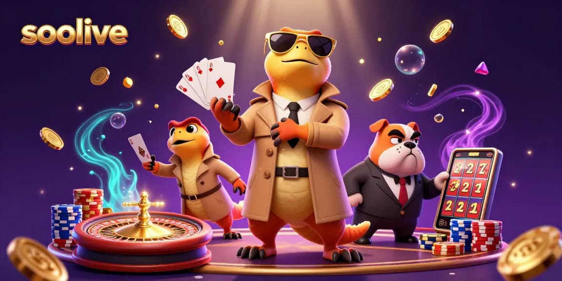 Socolive brings three raptors in a trench coat attempting entry into a casino, surrounded by lively gambling elements.