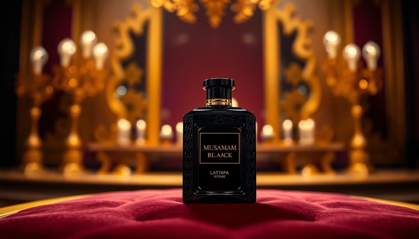 Proef de luxe van Musamam Black Intense by Lattafa met een elegante fles in een rijke setting.
