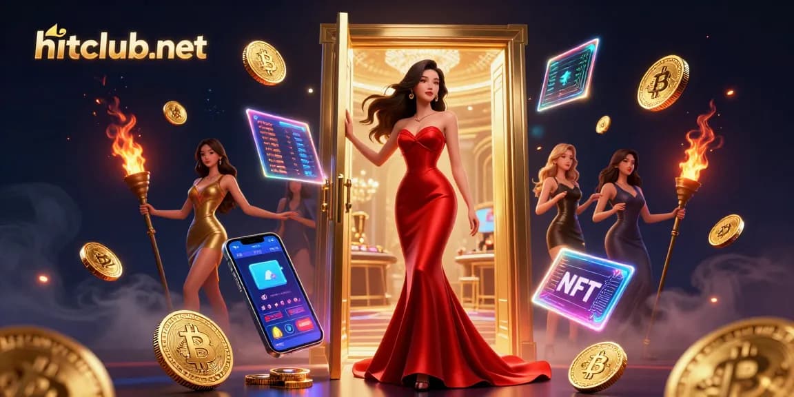 Experience excitement at hitclub-net with a beautiful woman in a VIP casino doorway amidst dynamic gaming elements.