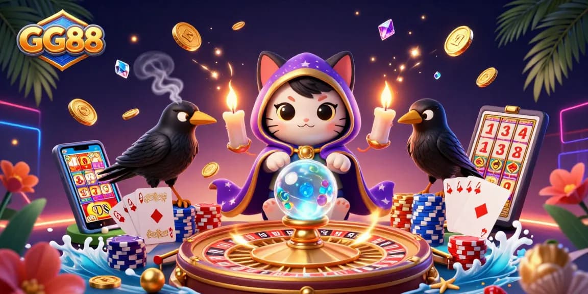 Spin to win with GG88 at the vibrant casino scene featuring the mystical fortune teller and tarot raven.