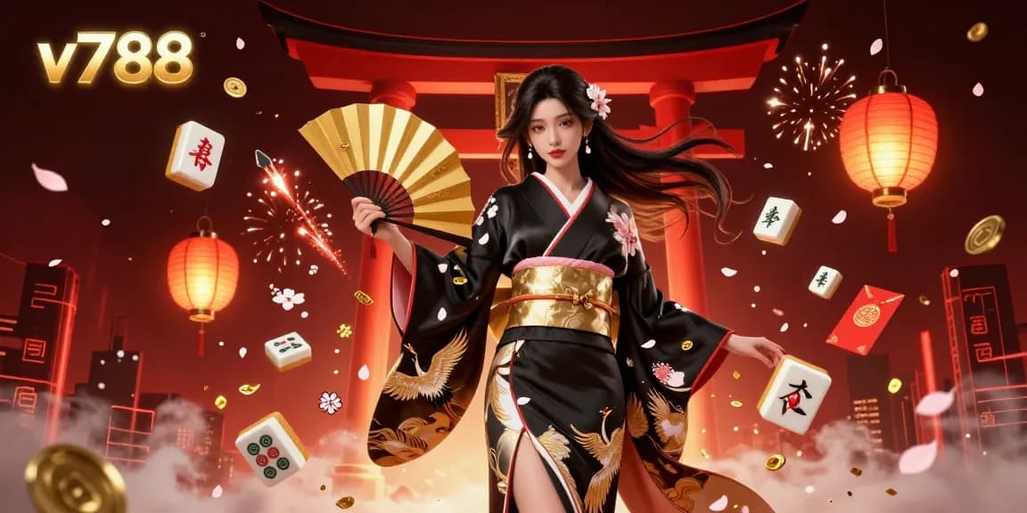 Experience the thrill of v788 with a vibrant 3D casino scene featuring games and cultural elements.
