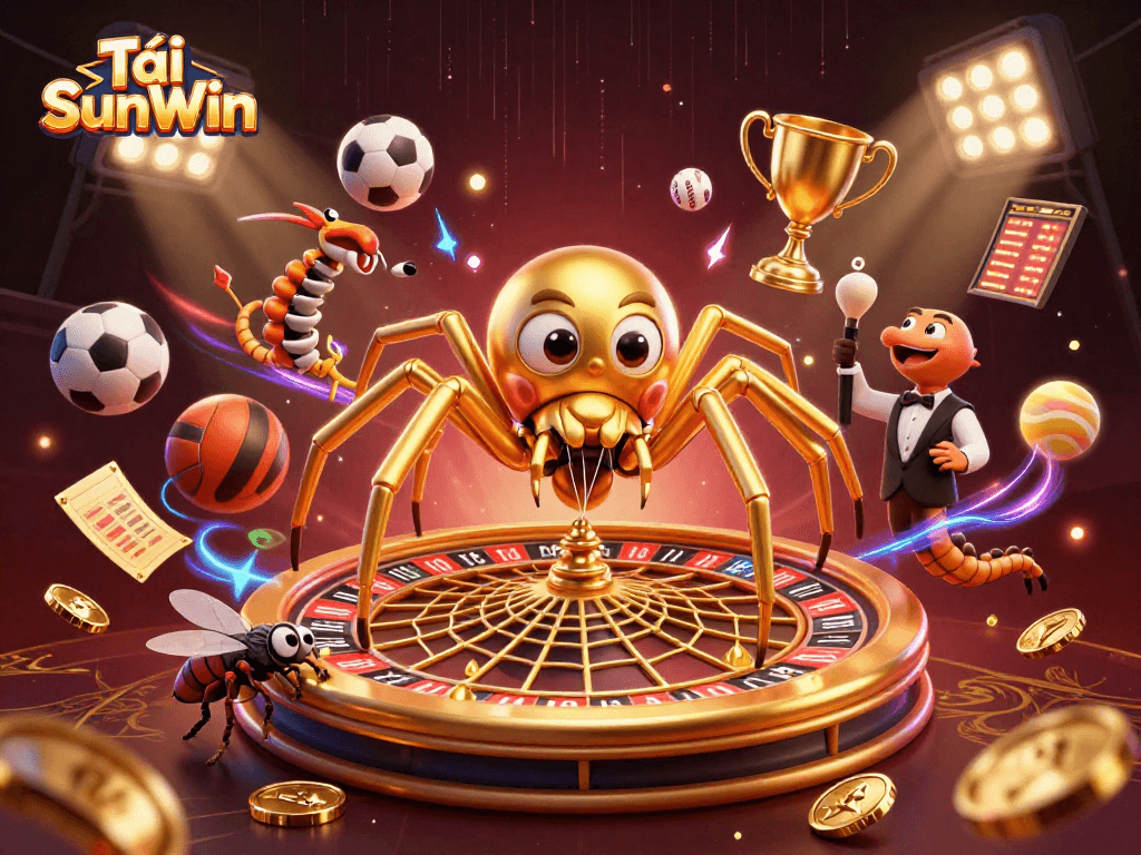 Tải SunWin brings excitement as a fly bets nervously at a roulette wheel web spun by a golden spider.