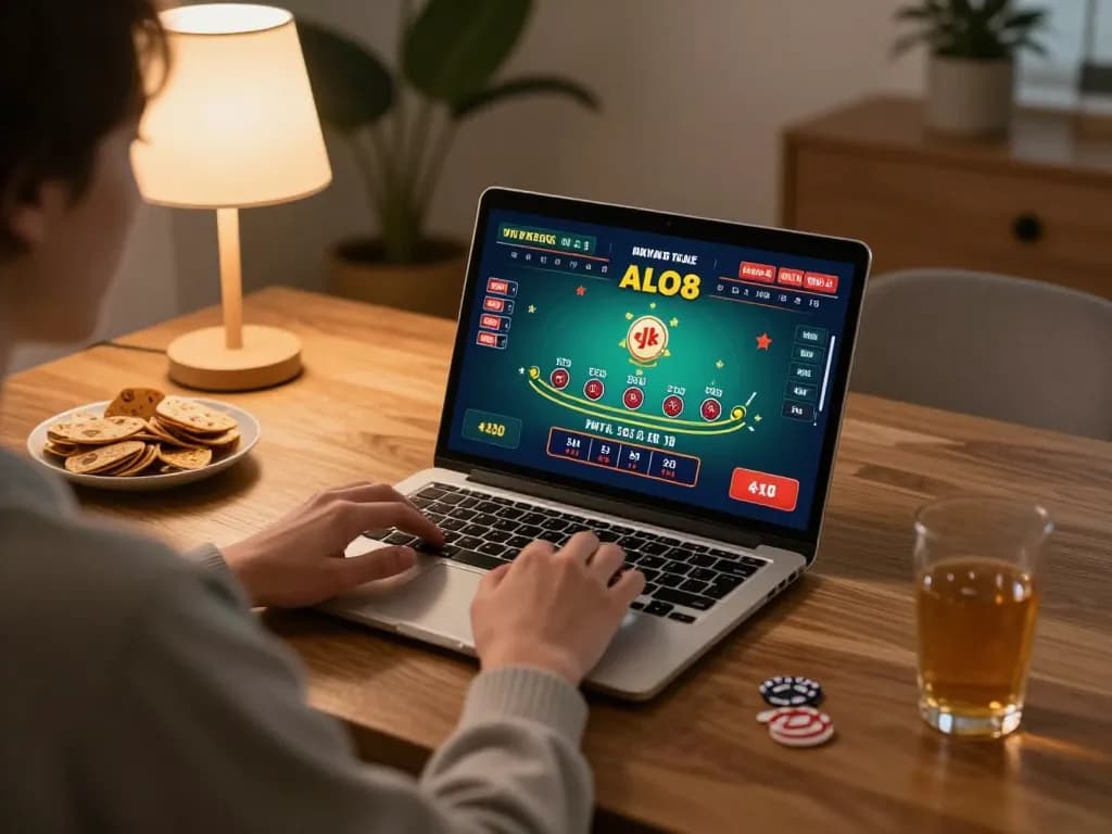 Person playing live dealer blackjack on ALO8 from home, showcasing engaging online casino experience.