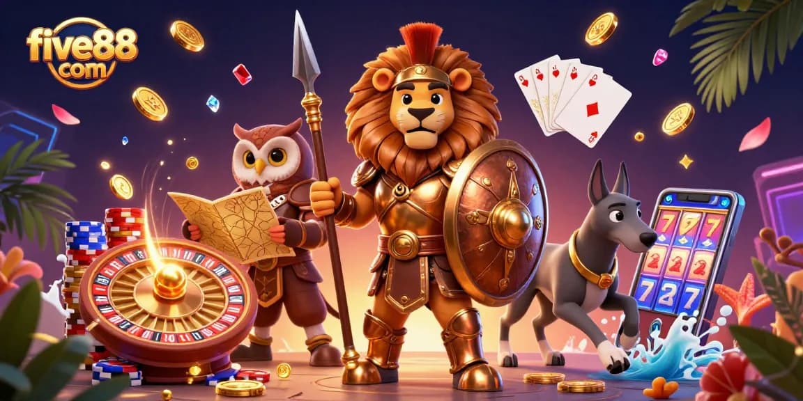 Experience five88 com's thrilling casino action with an engaging 3D illustration featuring a Spartan lion, owl strategist, and swift greyhound.