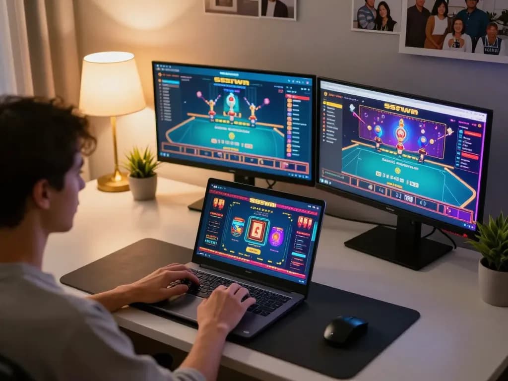 Play and win at 555win with engaging online gaming scenes from a modern home setup