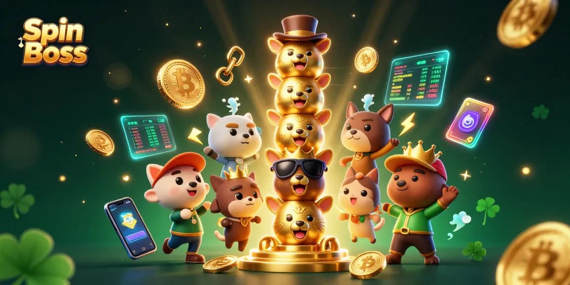 Spin Boss showcases a vibrant casino atmosphere with animated characters and cryptocurrency elements.