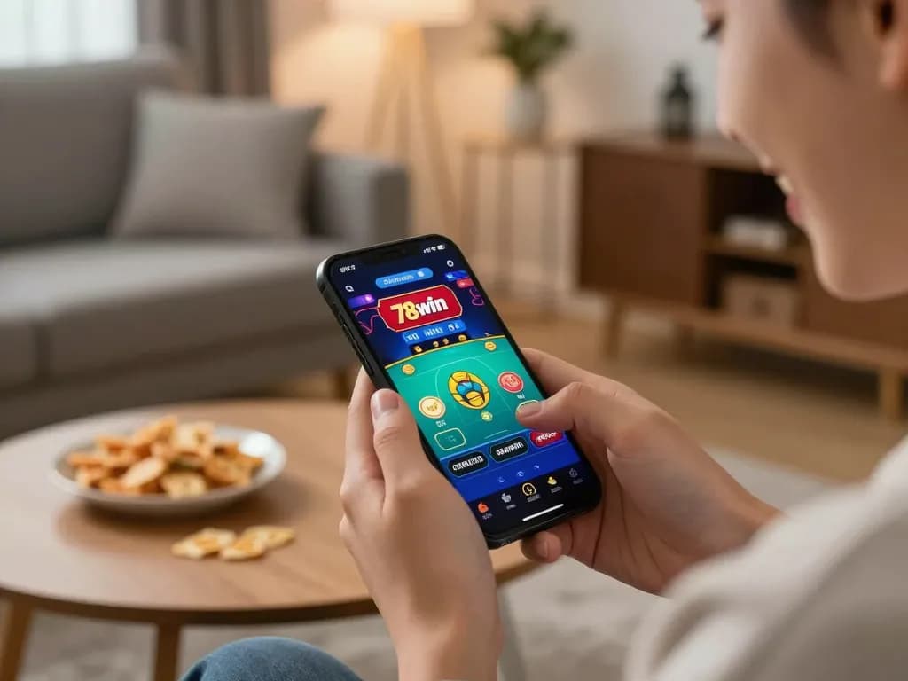 Play on the 78win app in a cozy home environment featuring a vibrant live dealer game.