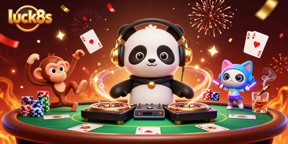 Engage in the excitement of luck8s, featuring a DJ panda, breakdancing monkey, and rave kitten.