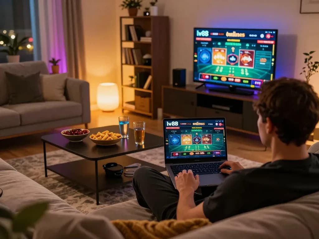 Player enjoying an immersive online casino experience with lv88, highlighting interactive gaming features in a cozy home
