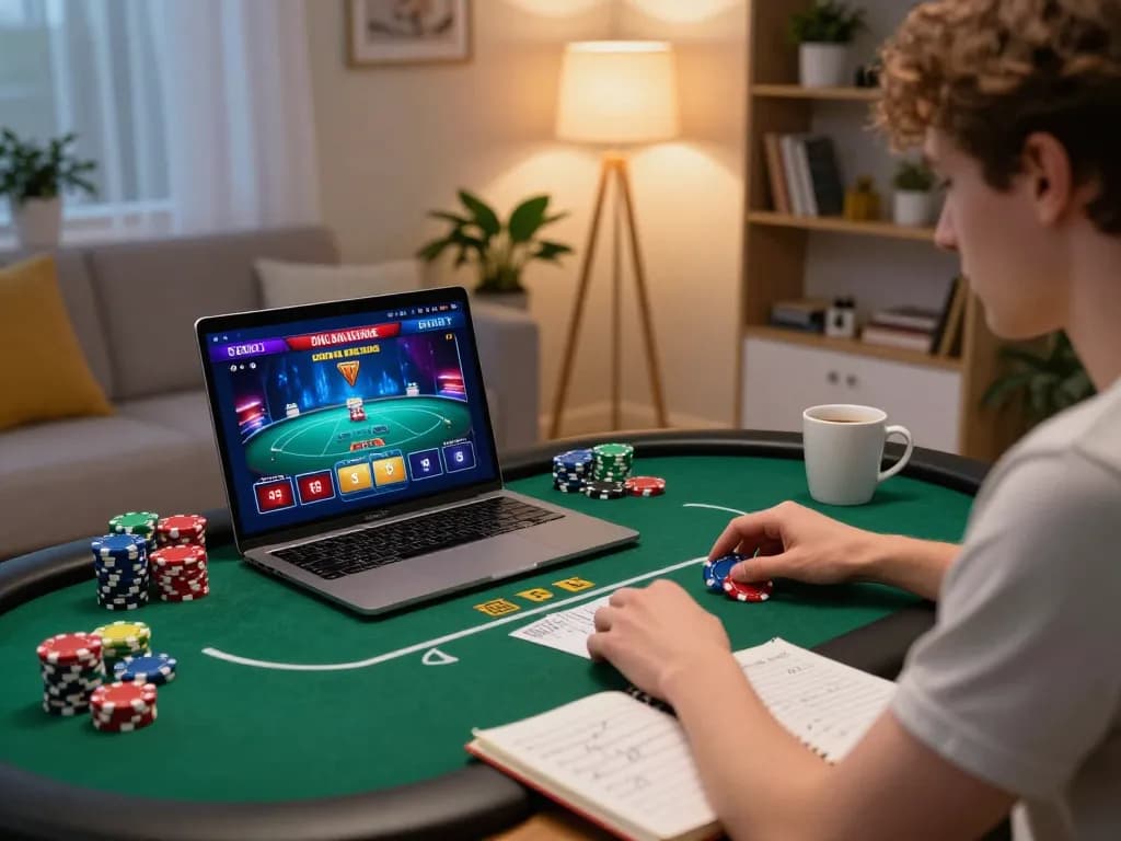 Experience online poker gameplay at https://va88.moe/, showcasing a user engaging with vibrant game graphics and strategic notes.