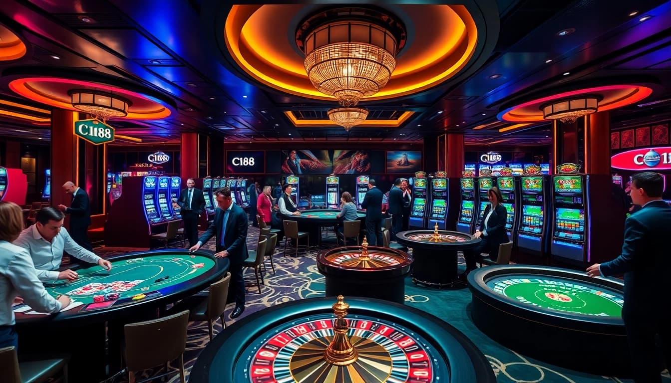 C168 casino scene with players at poker tables and vibrant slot machines offering an exciting atmosphere.