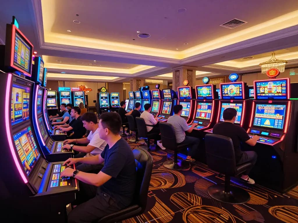 8kbet players celebrating wins at colorful slot machines in an exciting casino environment