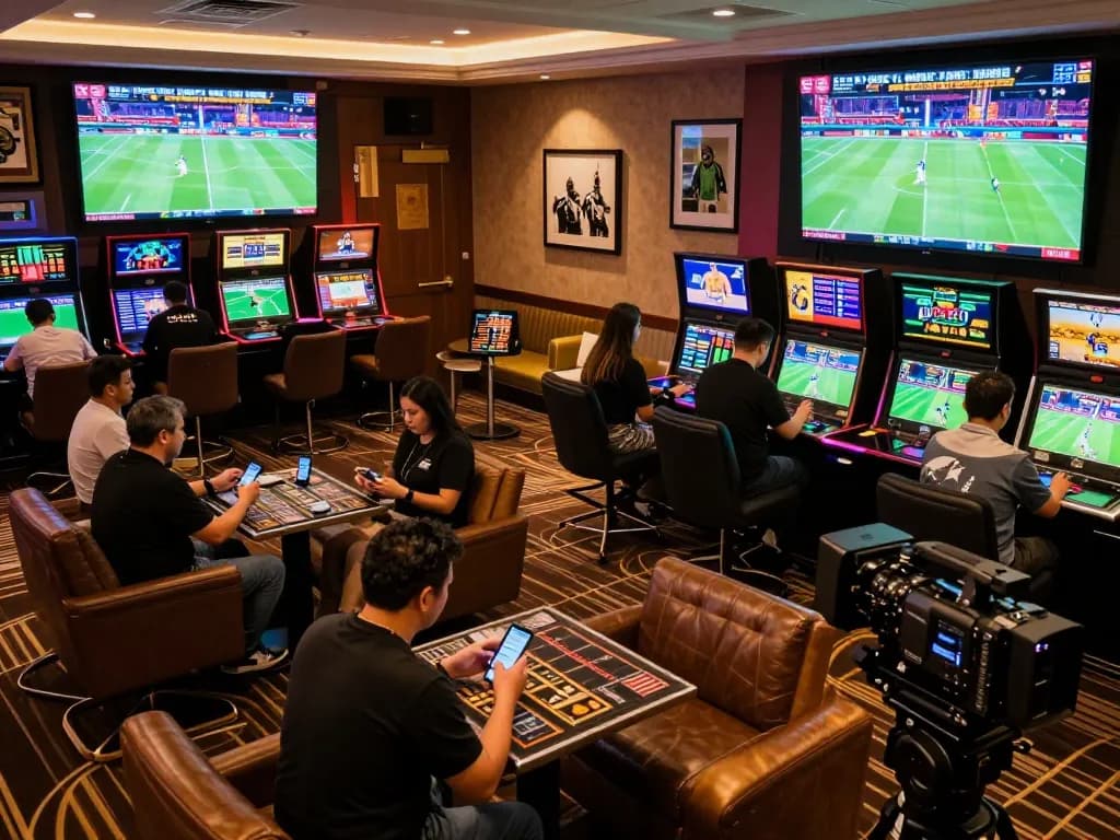 Kèo nhà cái showcasing bettors excitedly placing wagers in a vibrant sports betting lounge.