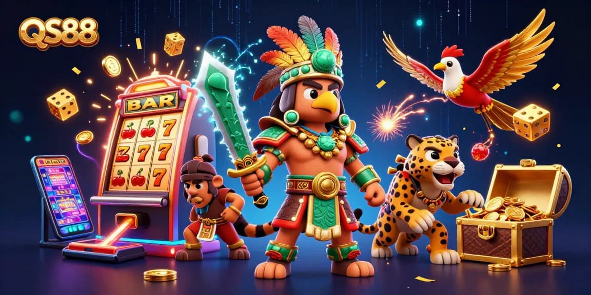 Experience thrilling gameplay with QS88, featuring Aztec warriors and vibrant casino elements.