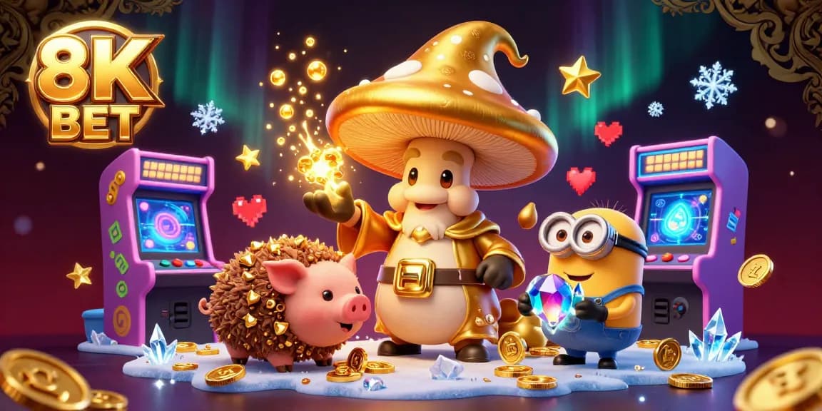 Experience thrilling gaming with 8K BET as magical characters celebrate fortune and fun.