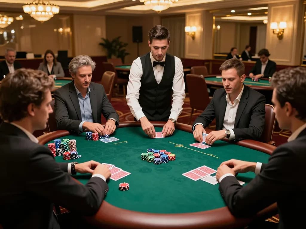 Players enjoying a poker game at nhà cái alo8 in an elegant atmosphere, chips and cards on display
