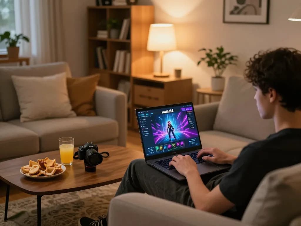 xocdia88 gaming session on a laptop with vibrant graphics in a cozy home setting