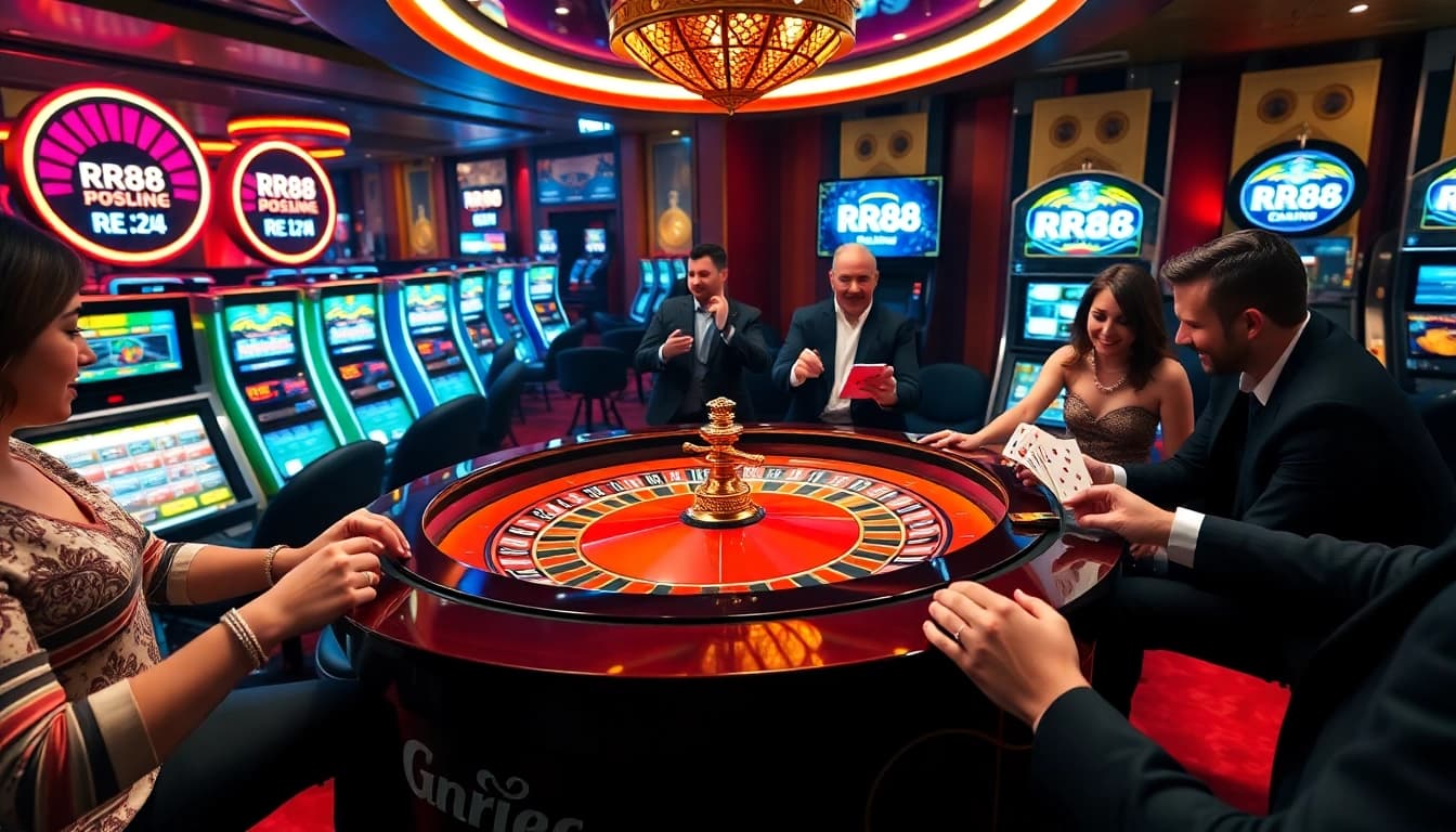 Engaging casino players at a roulette table with RR88 branding in a luxurious environment.