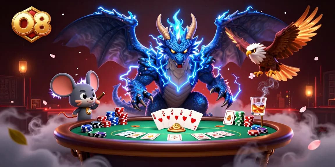 O8 showcases thrilling poker action with a thunder dragon, enhancing your gaming experience.