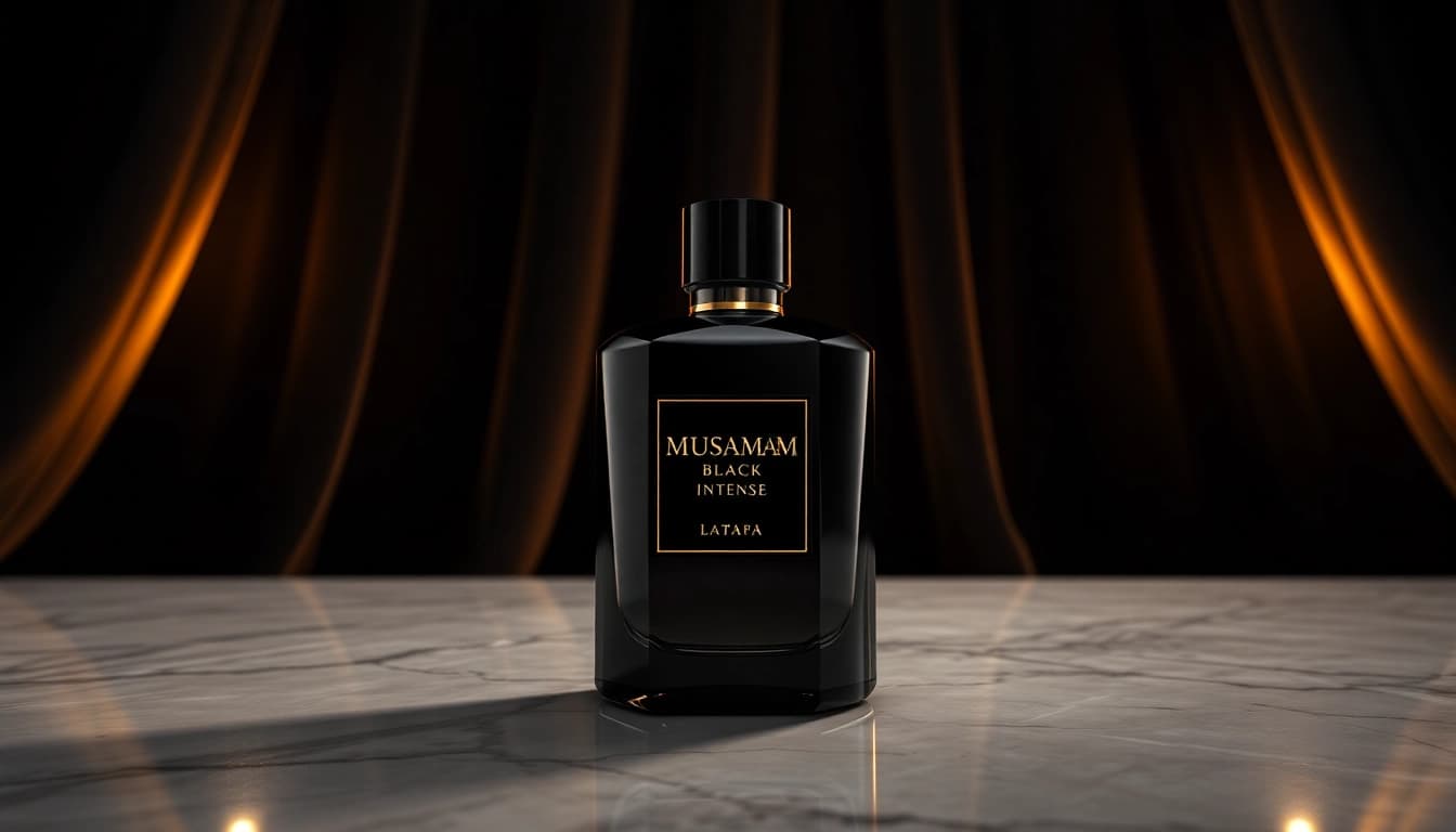 Experience the elegance of Musamam Black Intense by Lattafa in this striking bottle display.