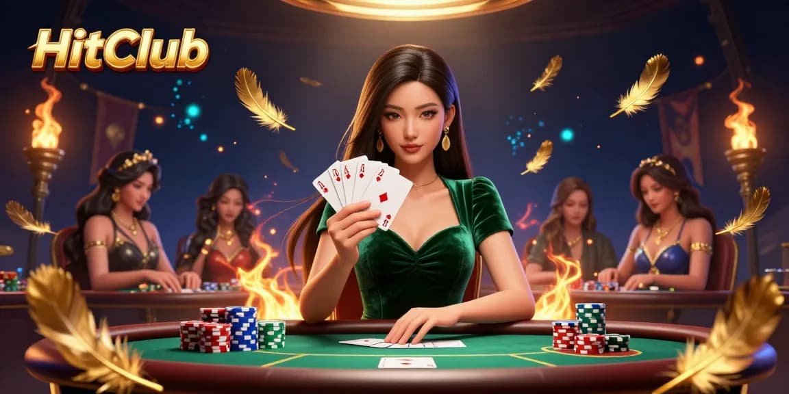 Experience high-stakes gambling at HitClub with a poised Asian woman at a luxurious poker table.