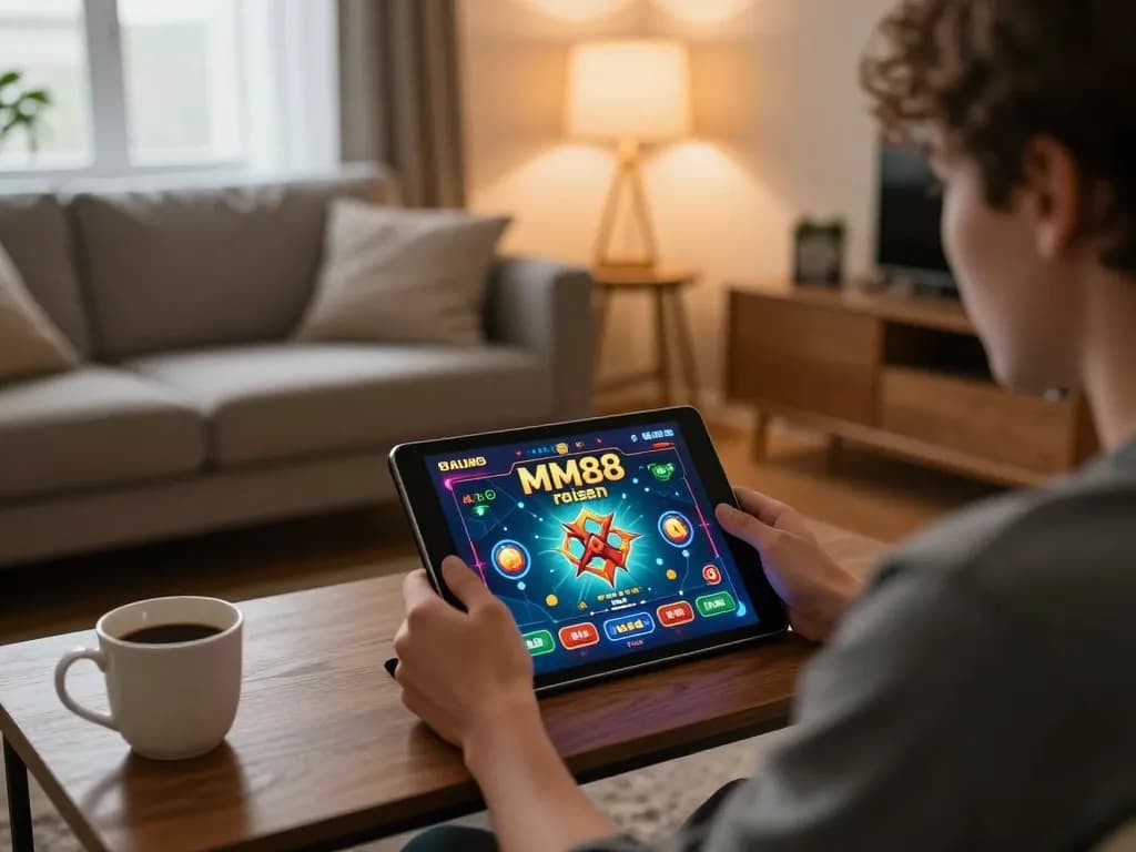 Engaging with MM88 reisen on a tablet in a cozy home gaming setup, illustrating the online gambling experience.