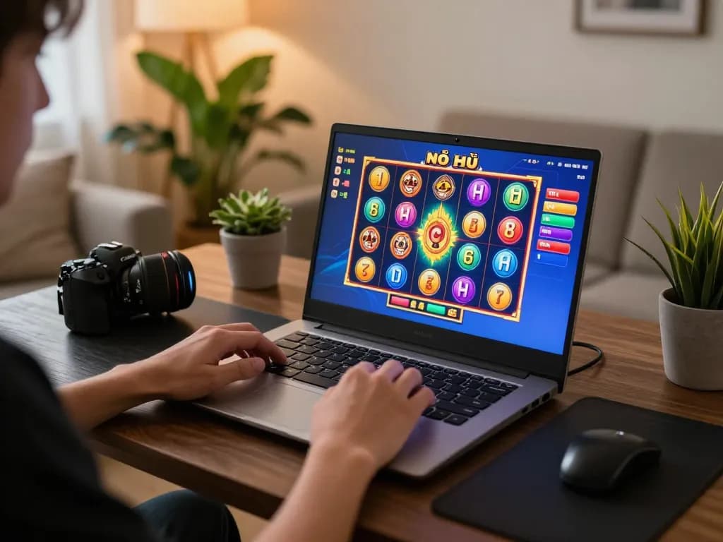 Player spinning nổ hũ game on laptop at home, showcasing vibrant slot graphics and gaming excitement