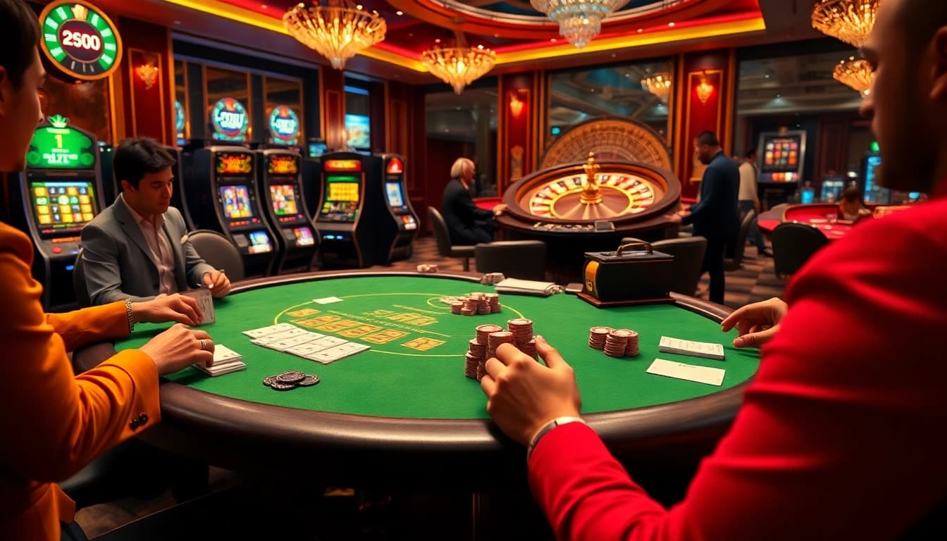 Players engaged in thrilling poker action at https://78win.dental/ casino with vibrant colors and luxury atmosphere.