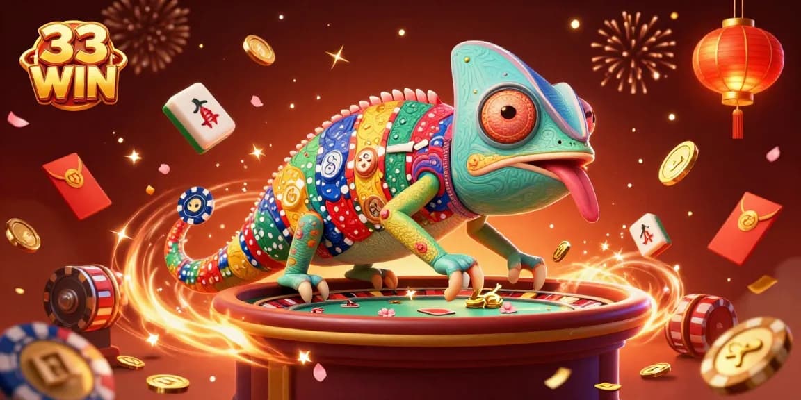 Experience the excitement of 33 WIN in a vibrant 3D casino scene filled with slot reels and colors.