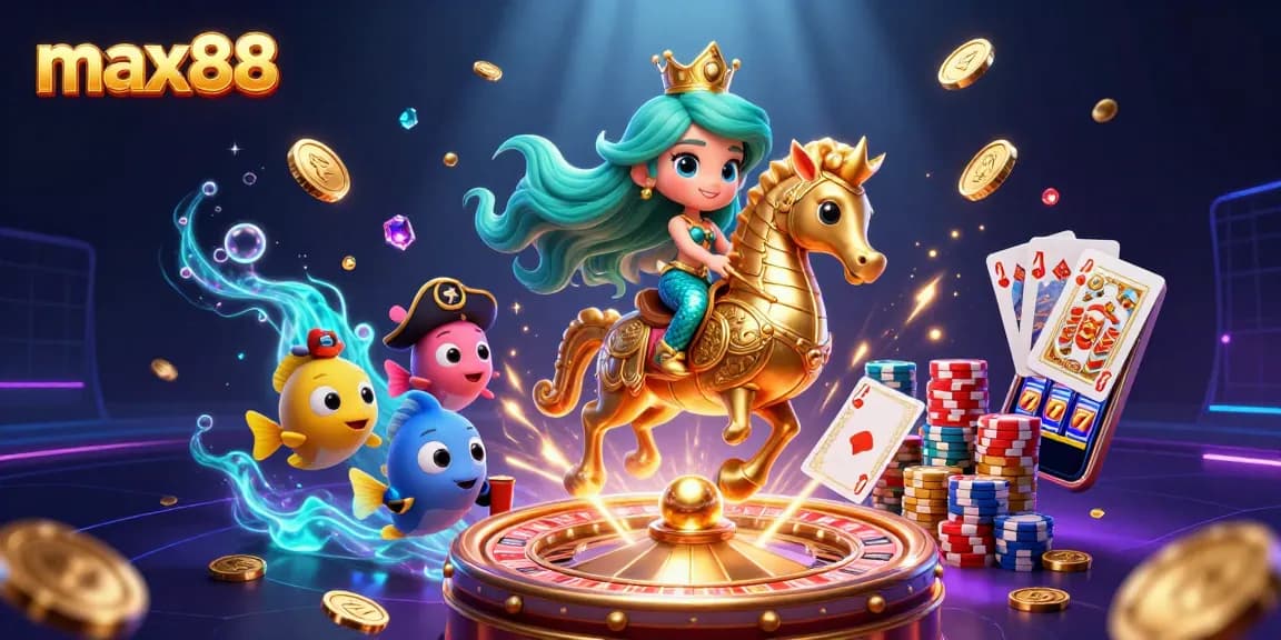 Experience max88's dynamic casino adventure with a mermaid, seahorse, and casino elements.