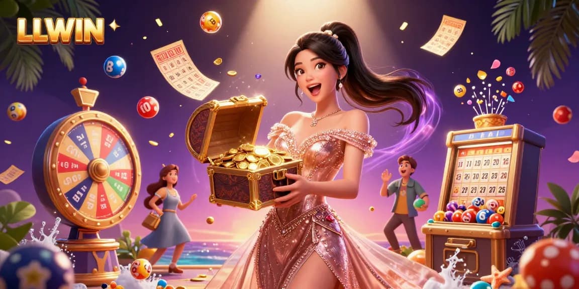 Play thrilling games at LLWIN casino, showcasing an exciting treasure chest filled with jackpots, lottery balls, and vibrant casino elements.
