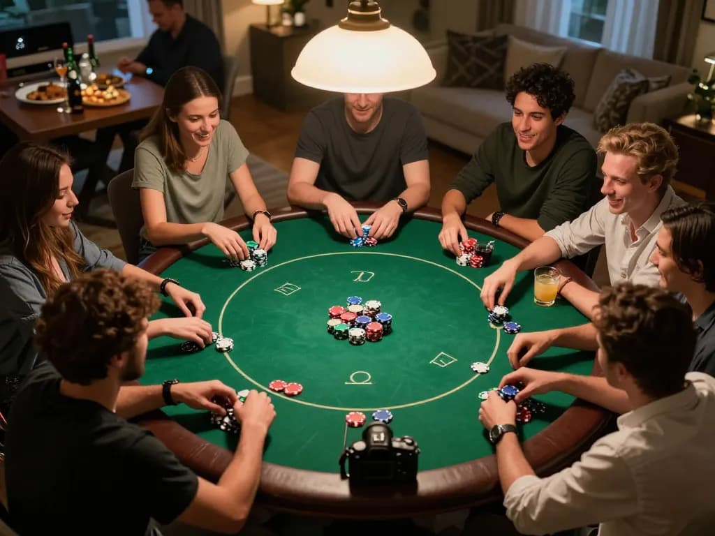 Players engaged in a lively home poker game at table, showcasing the excitement of max88s strategy.