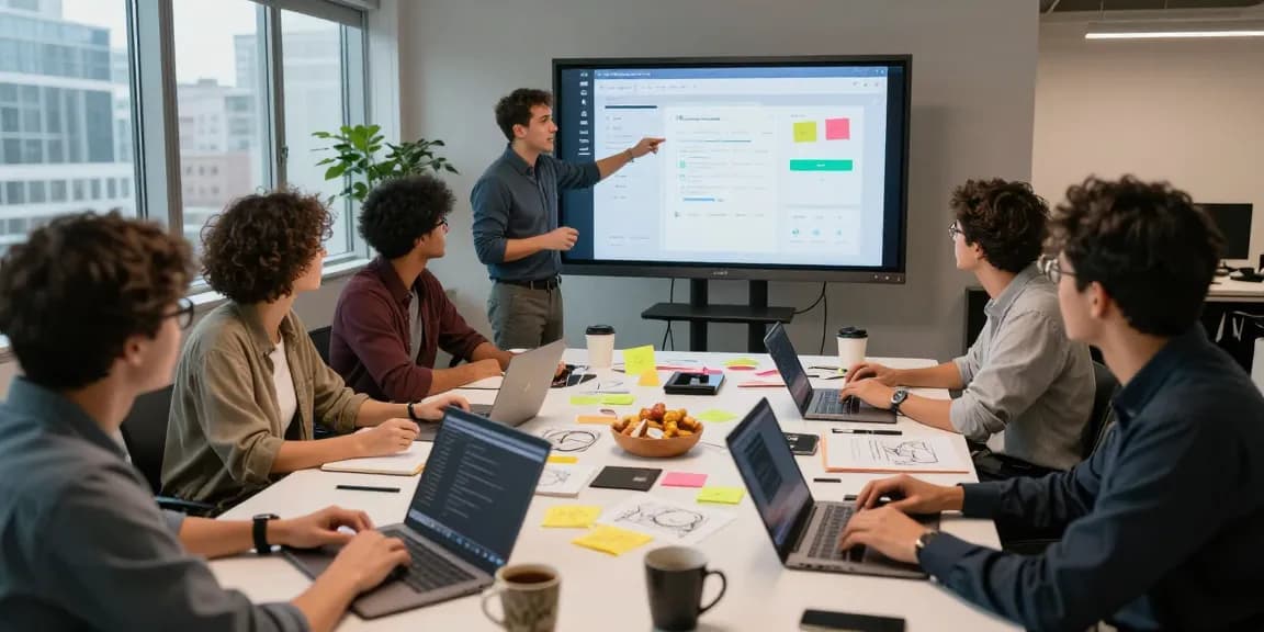 Build internal tools with AI, team collaborating on digital tool prototype in modern workspace.