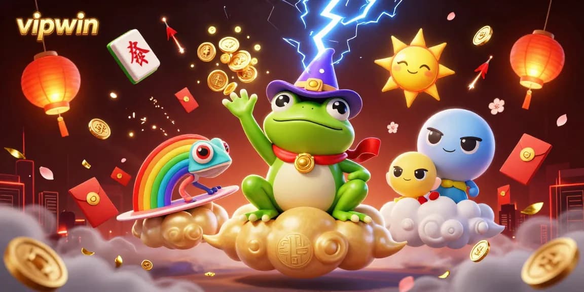 Engage with vipwin through a vibrant illustration of winnings and playful spirits in an enchanted casino.