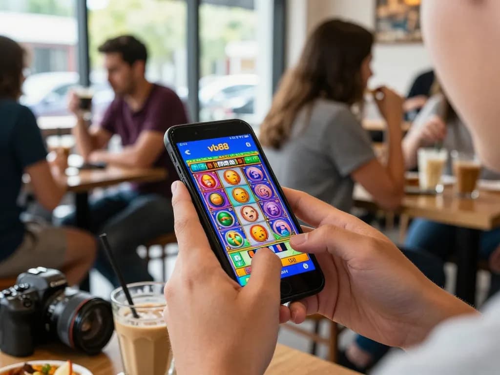Playing slots on the vb88 mobile app at a café, capturing excitement and social atmosphere