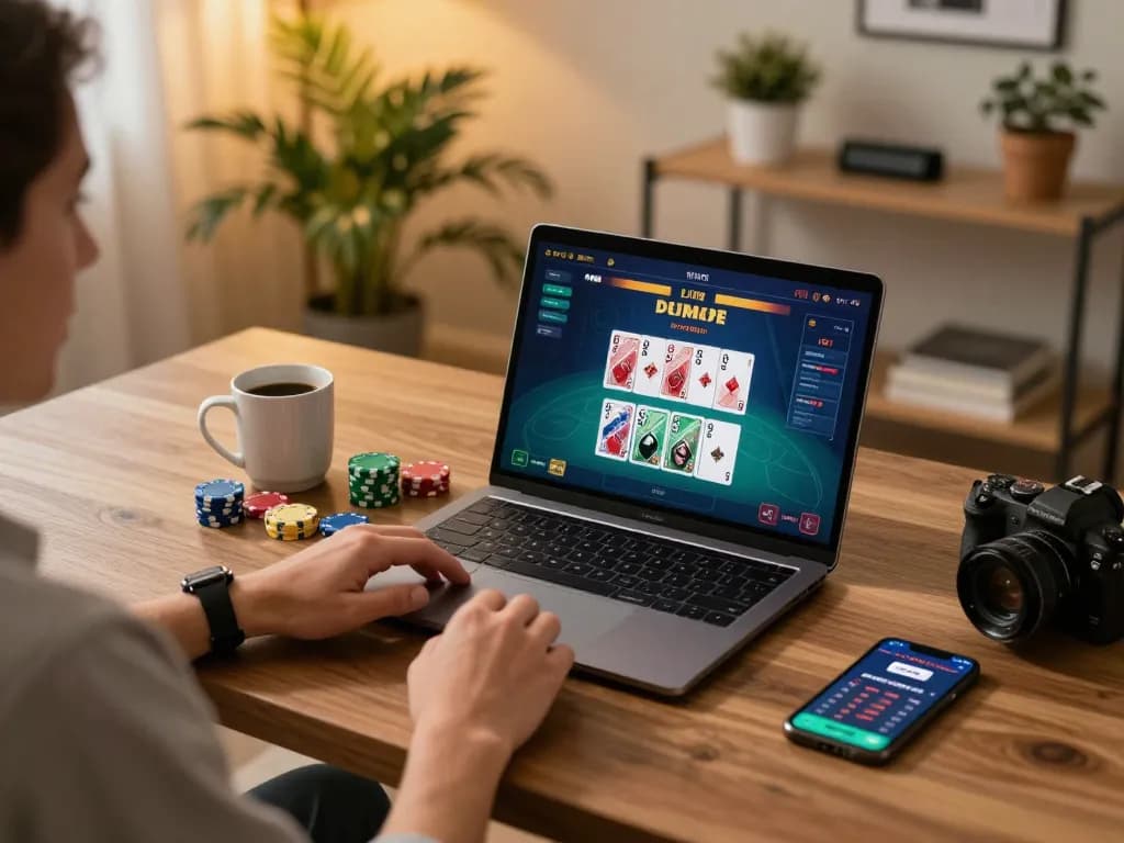 Engaging in online casino games with kp88 on a laptop while enjoying a cozy home setup