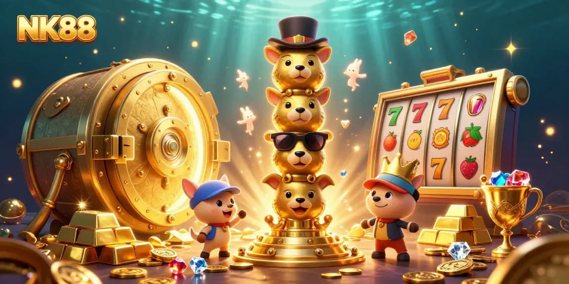 Spin the reels with NK88’s vibrant, colorful casino treasures in an engaging 3D scene.