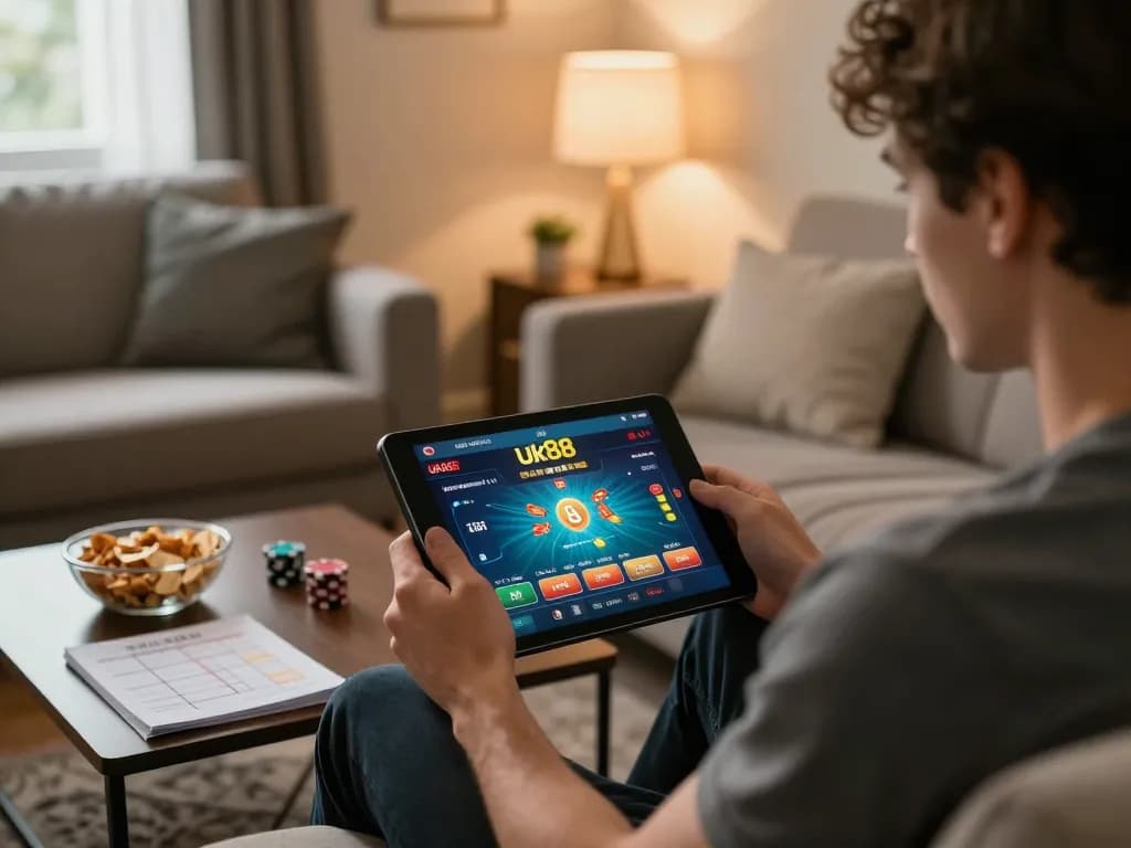 Engaging home gaming scene with a player using the Uk88 platform on a tablet, surrounded by betting strategies and snacks.