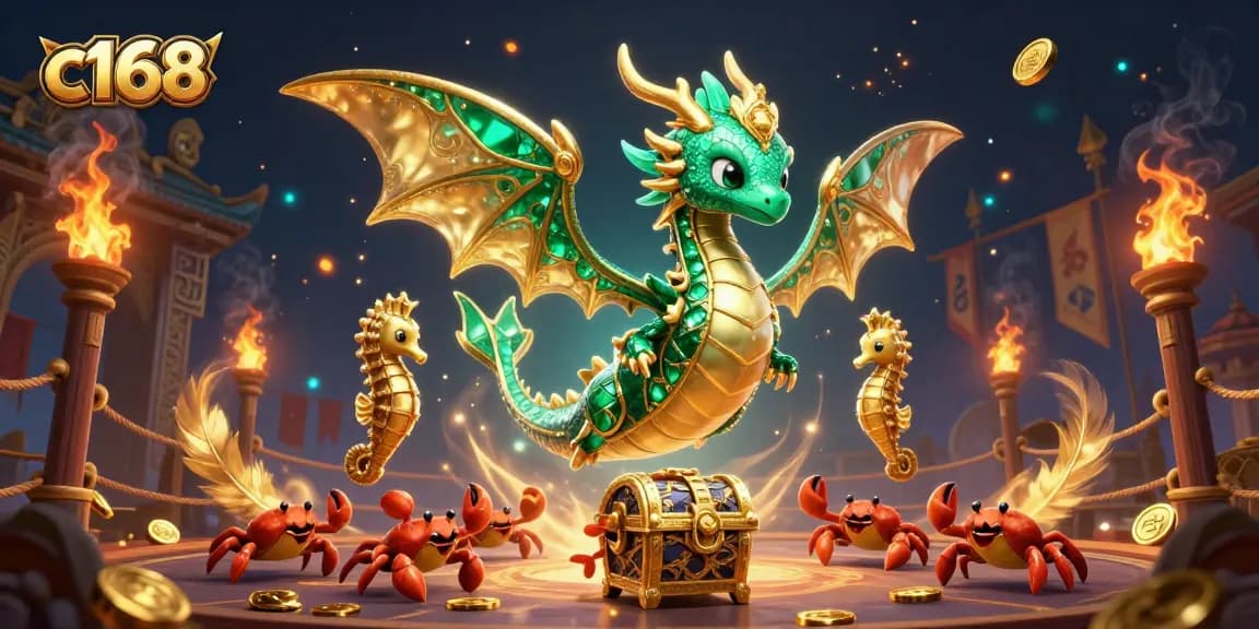 Engage in thrilling gameplay at c168 with a vibrant 3D dragon-themed casino illustration.