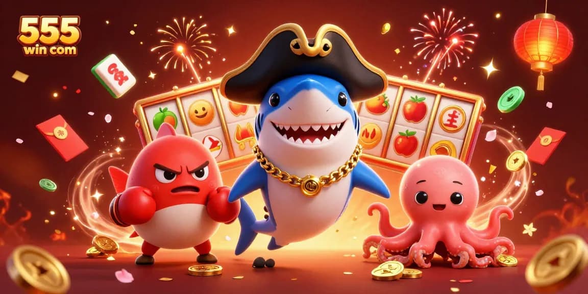 Spin the reels at 555win com with a vibrant 3D casino scene featuring festive characters and gold coins.