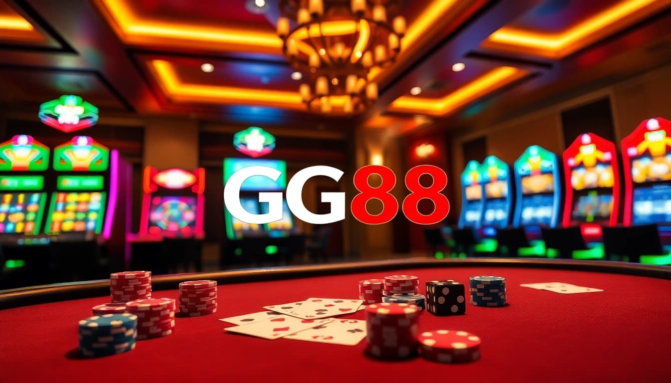 Engaging GG88 online casino scene with poker chips, cards, and vibrant slot machines activating excitement.