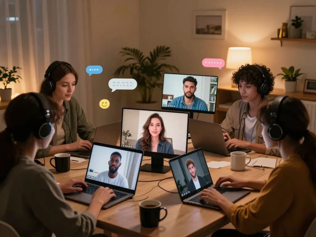 Engaging sex chat scene with diverse avatars chatting in a cozy digital room.