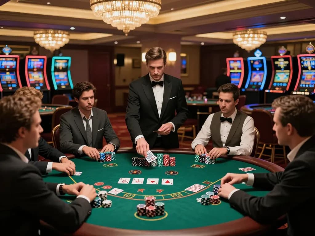 Players strategizing at a blackjack table while enjoying cm88 betting options in a luxury casino.