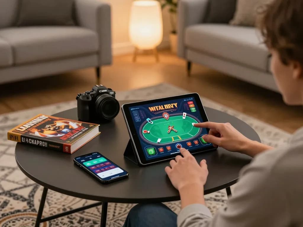 Engaging in online poker at home with 79king through a tablet showcasing vibrant game interface.