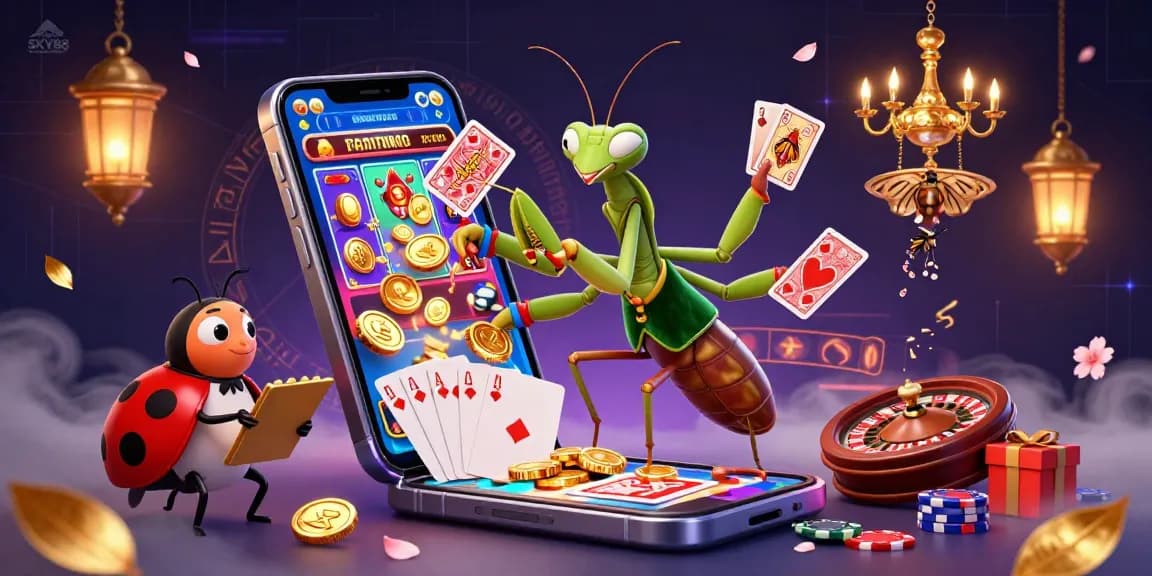 Immerse in SKY88's vibrant scene as a giant praying mantis dealer engages players with cards, champagne, and dazzling casino elements.