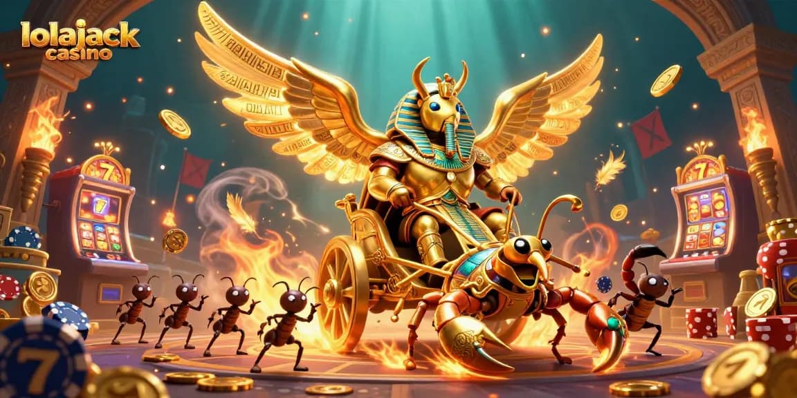 Win at lolajack casino with a vibrant scene of a golden scarab beetle in a chariot amidst thrilling gaming elements.