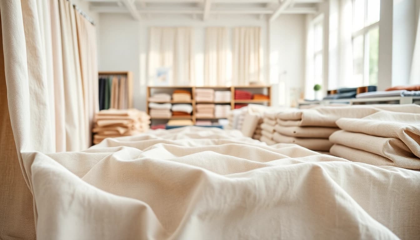 Linnen stoffen op een elegante manier gepresenteerd in een zonovergoten showroom.