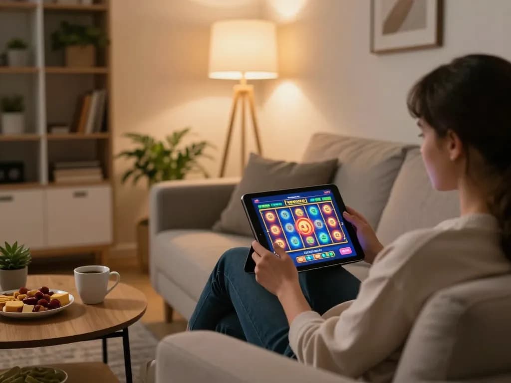 TẢI MI88 and play exciting slot games comfortably from home using a tablet in a cozy setting.