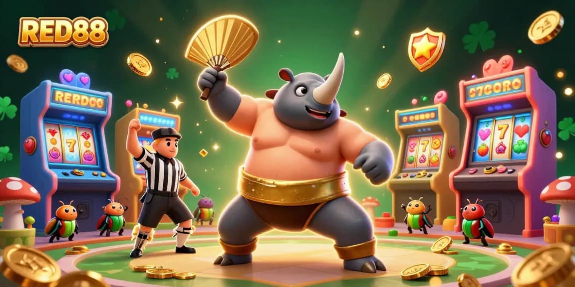 Experience the excitement of RED88 with a beetle sumo champion as golden coins fly during gameplay.